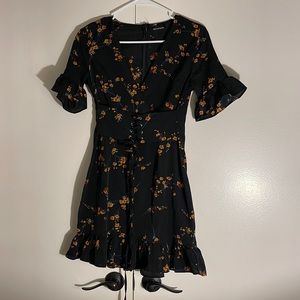 Pretty little thing dainty flower black ruffle short dress with corset bodice